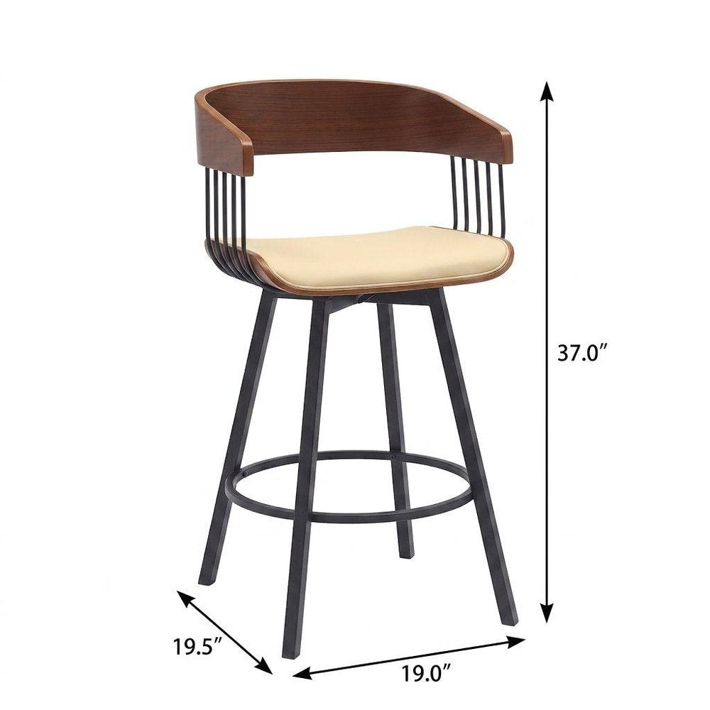 27" Cream And Black Faux Leather And Fabric And Metal Counter Height Swivel Bar Chair HomeRoots