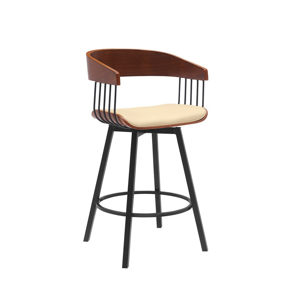 27" Cream And Black Faux Leather And Fabric And Metal Counter Height Swivel Bar Chair HomeRoots