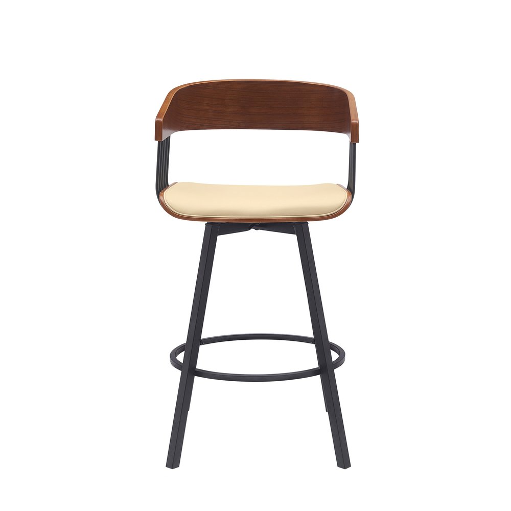 27" Cream And Black Faux Leather And Fabric And Metal Counter Height Swivel Bar Chair HomeRoots