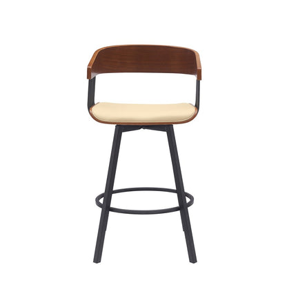27" Cream And Black Faux Leather And Fabric And Metal Counter Height Swivel Bar Chair HomeRoots