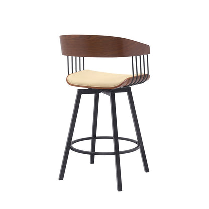 27" Cream And Black Faux Leather And Fabric And Metal Counter Height Swivel Bar Chair HomeRoots
