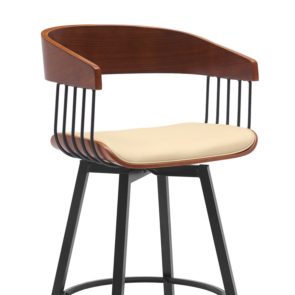 27" Cream And Black Faux Leather And Fabric And Metal Counter Height Swivel Bar Chair HomeRoots