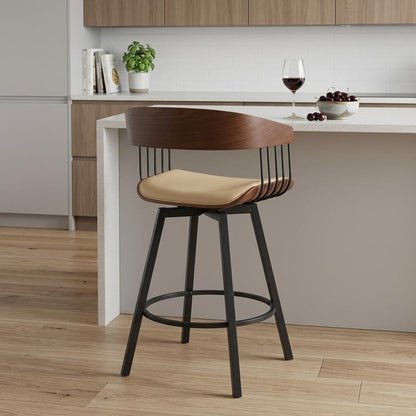 27" Cream And Black Faux Leather And Fabric And Metal Counter Height Swivel Bar Chair HomeRoots