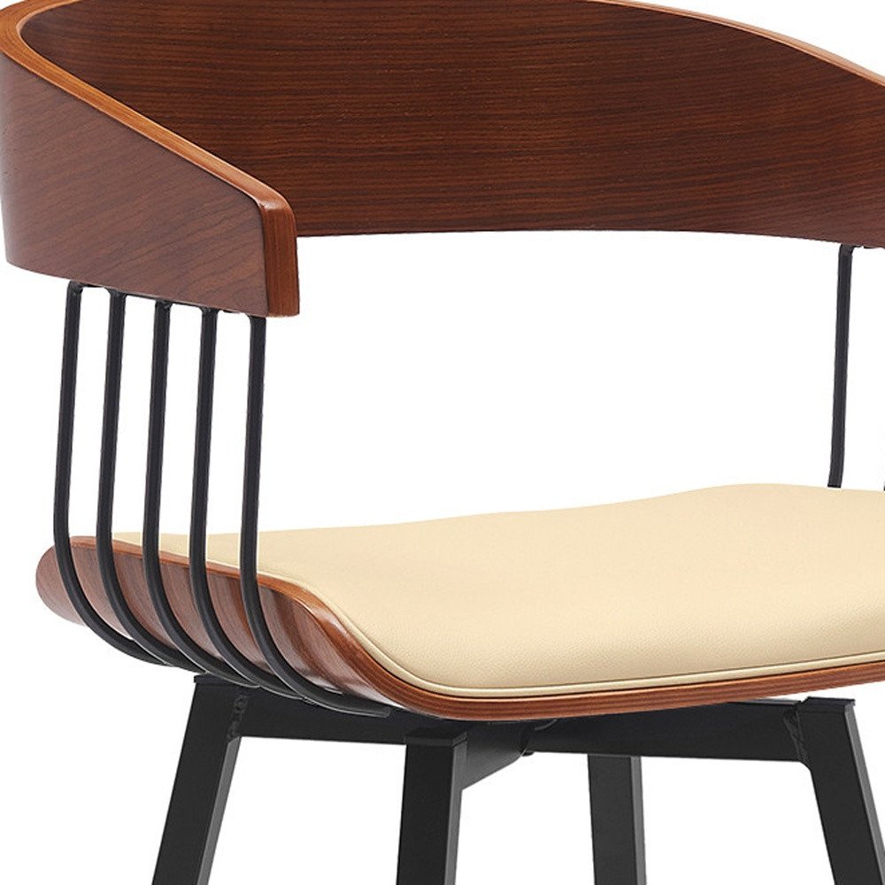 27" Cream And Black Faux Leather And Fabric And Metal Counter Height Swivel Bar Chair HomeRoots