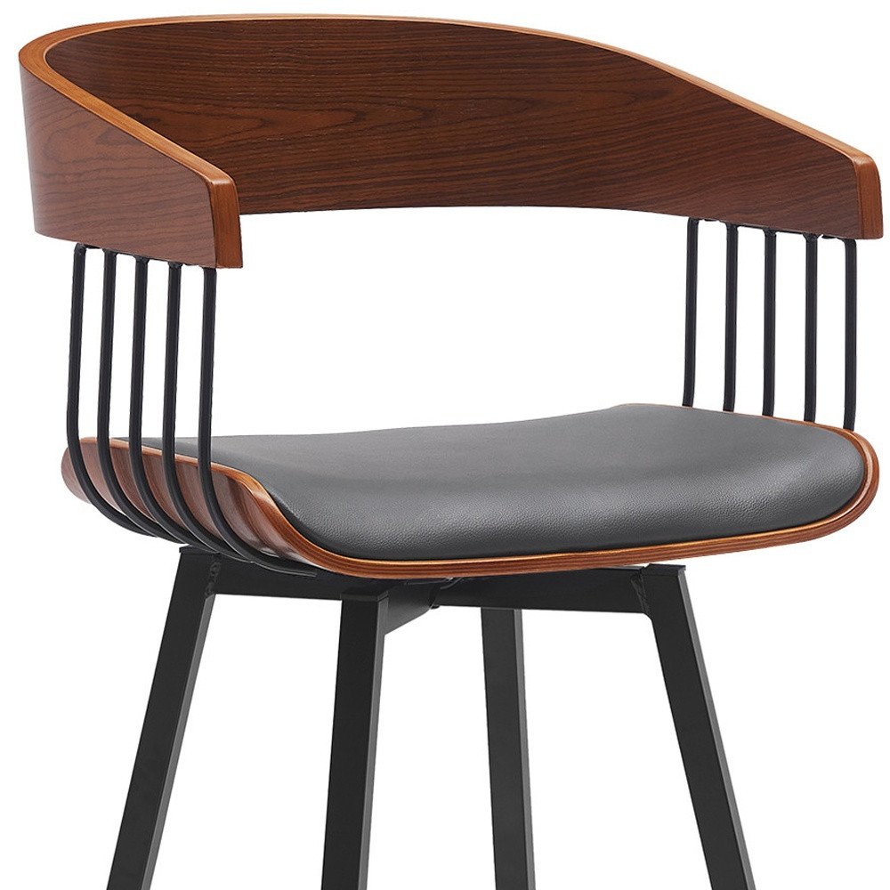 27" Gray And Black Faux Leather And Fabric And Metal Counter Height Swivel Bar Chair HomeRoots