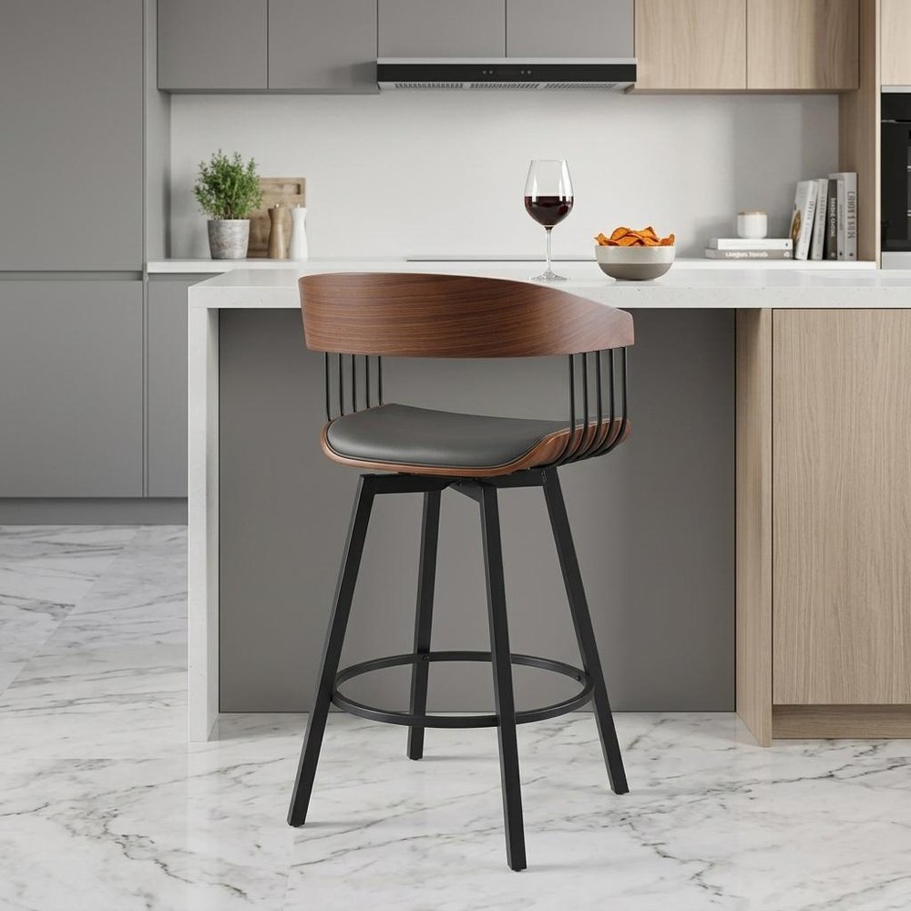 27" Gray And Black Faux Leather And Fabric And Metal Counter Height Swivel Bar Chair HomeRoots