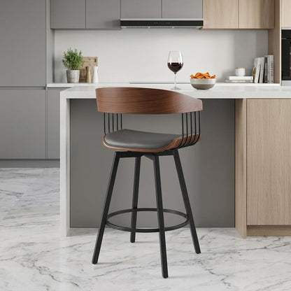 27" Gray And Black Faux Leather And Fabric And Metal Counter Height Swivel Bar Chair HomeRoots