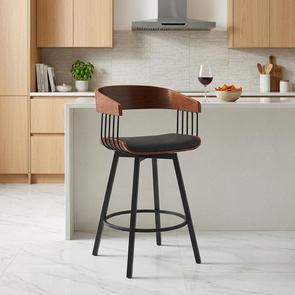 27" Gray And Black Faux Leather And Fabric And Metal Counter Height Swivel Bar Chair HomeRoots