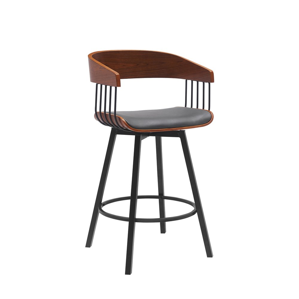 27" Gray And Black Faux Leather And Fabric And Metal Counter Height Swivel Bar Chair HomeRoots