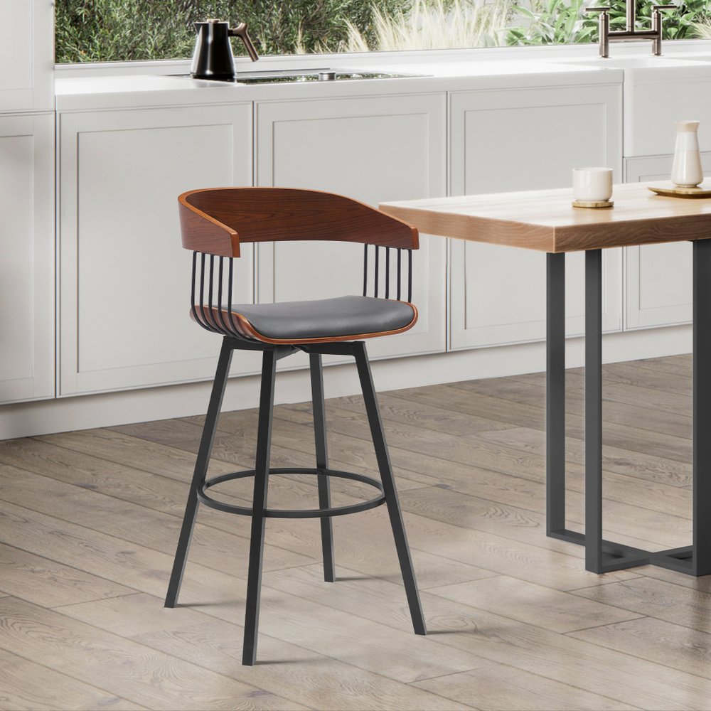 27" Gray And Black Faux Leather And Fabric And Metal Counter Height Swivel Bar Chair HomeRoots