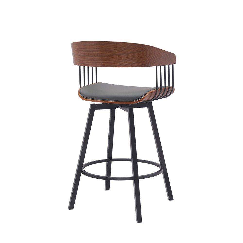 27" Gray And Black Faux Leather And Fabric And Metal Counter Height Swivel Bar Chair HomeRoots