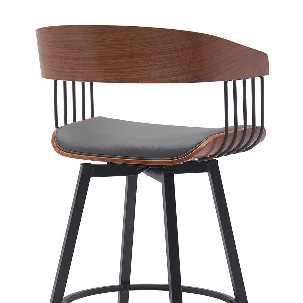 27" Gray And Black Faux Leather And Fabric And Metal Counter Height Swivel Bar Chair HomeRoots