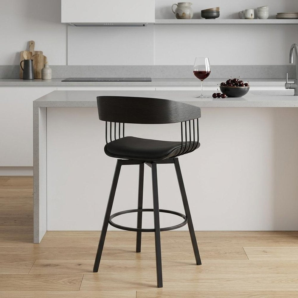 27" Gray And Black Faux Leather And Fabric And Metal Counter Height Swivel Bar Chair HomeRoots