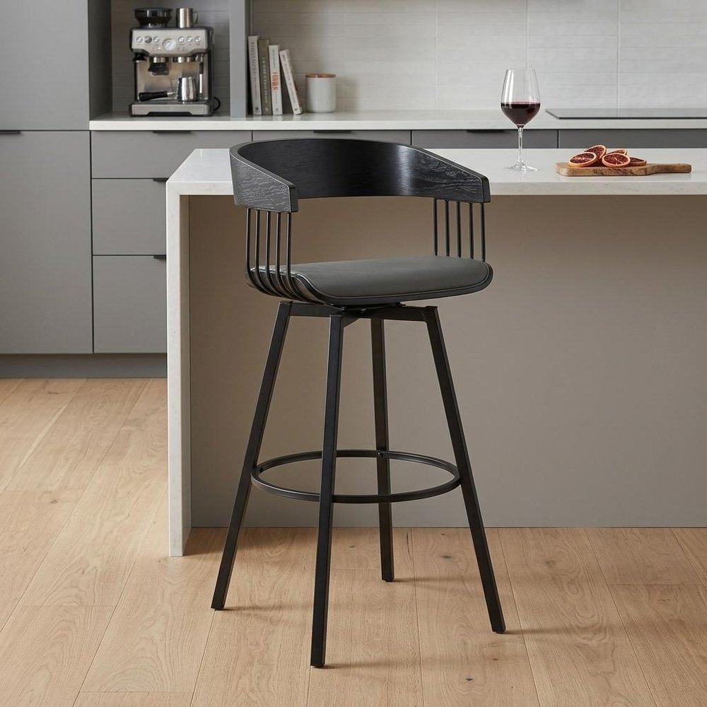 27" Gray And Black Faux Leather And Fabric And Metal Counter Height Swivel Bar Chair HomeRoots