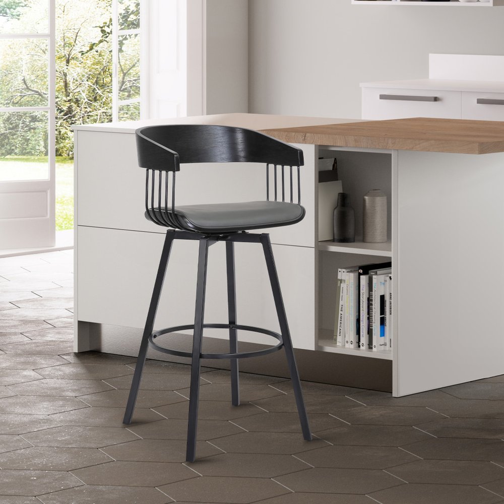 27" Gray And Black Faux Leather And Fabric And Metal Counter Height Swivel Bar Chair HomeRoots