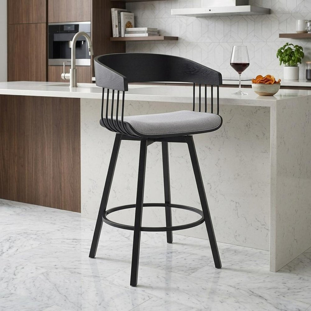 27" Light Gray And Black Fabric And Metal Counter Height Swivel Bar Chair HomeRoots