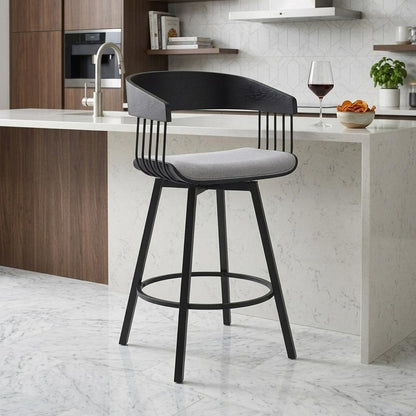 27" Light Gray And Black Fabric And Metal Counter Height Swivel Bar Chair HomeRoots