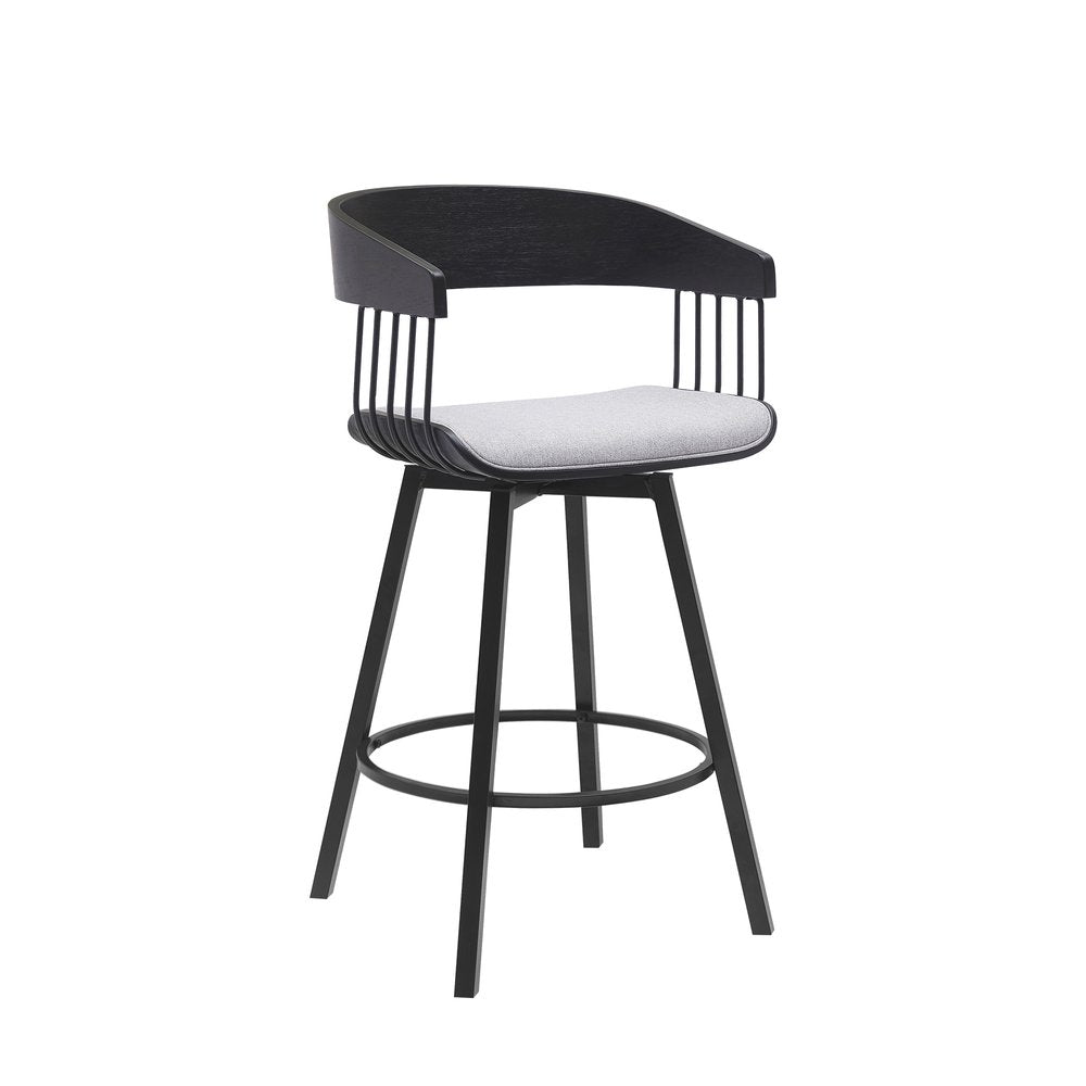 27" Light Gray And Black Fabric And Metal Counter Height Swivel Bar Chair HomeRoots