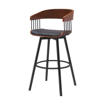31" Black Faux Leather And Fabric And Metal Bar Height Swivel Bar Chair HomeRoots