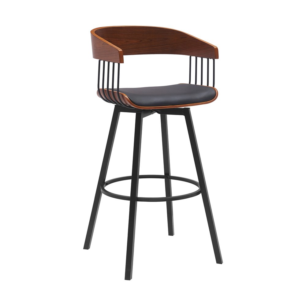 31" Black Faux Leather And Fabric And Metal Bar Height Swivel Bar Chair HomeRoots
