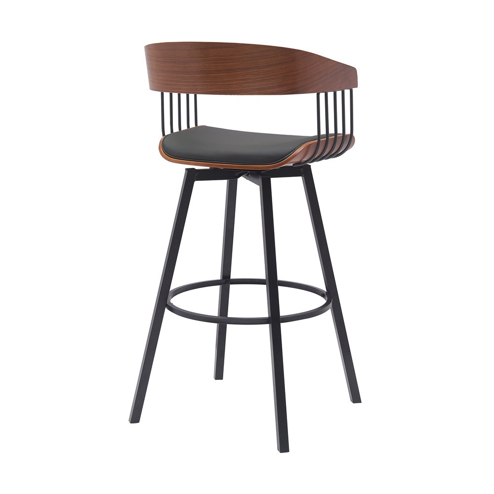31" Black Faux Leather And Fabric And Metal Bar Height Swivel Bar Chair HomeRoots