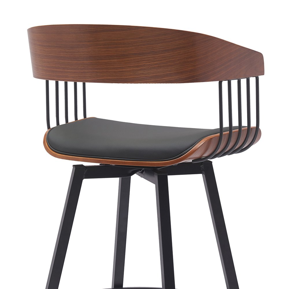 31" Black Faux Leather And Fabric And Metal Bar Height Swivel Bar Chair HomeRoots