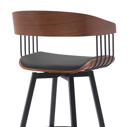 31" Black Faux Leather And Fabric And Metal Bar Height Swivel Bar Chair HomeRoots