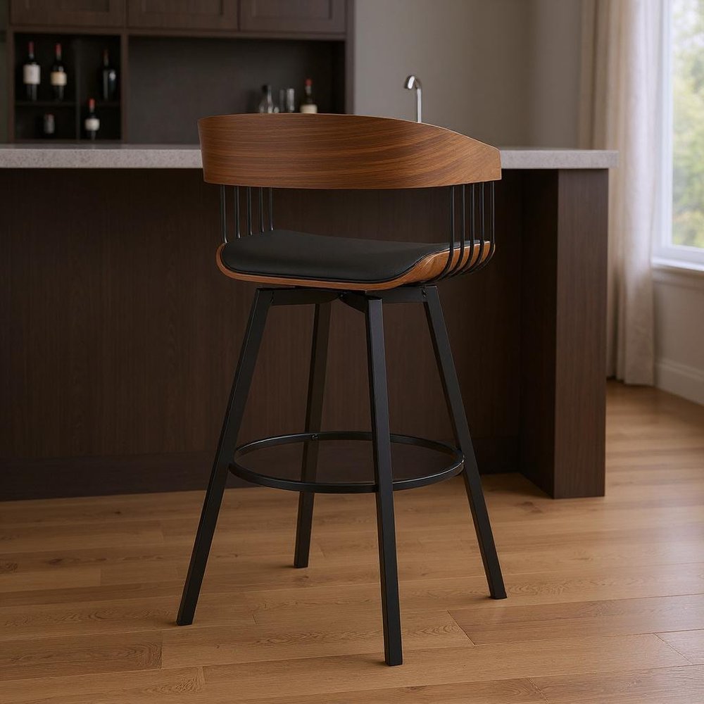 31" Black Faux Leather And Fabric And Metal Bar Height Swivel Bar Chair HomeRoots