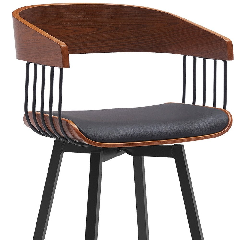 31" Black Faux Leather And Fabric And Metal Bar Height Swivel Bar Chair HomeRoots