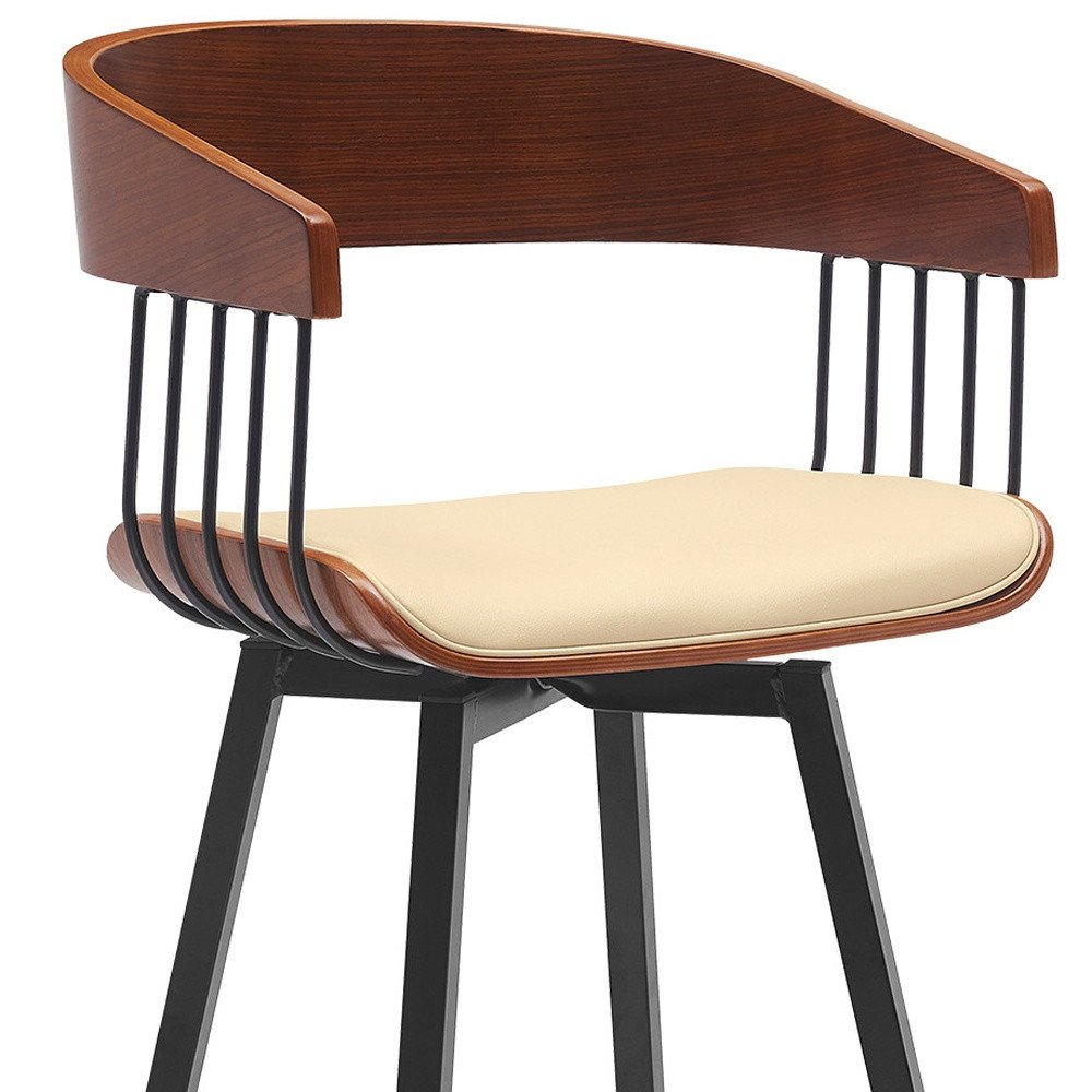 31" Cream And Black Faux Leather And Fabric And Metal Bar Height Swivel Bar Chair HomeRoots