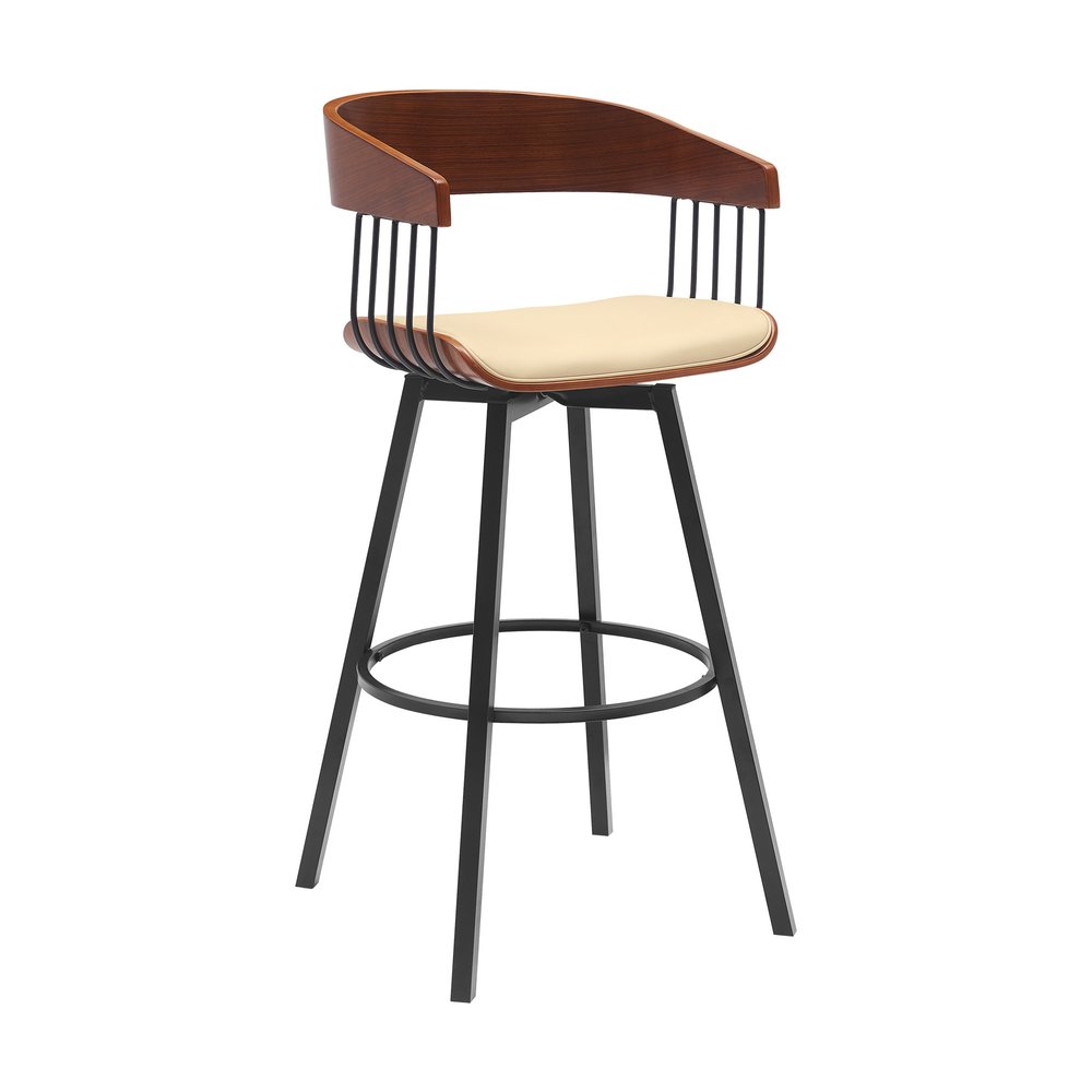 31" Cream And Black Faux Leather And Fabric And Metal Bar Height Swivel Bar Chair HomeRoots