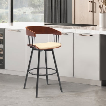 31" Cream And Black Faux Leather And Fabric And Metal Bar Height Swivel Bar Chair HomeRoots