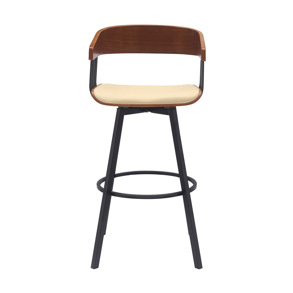 31" Cream And Black Faux Leather And Fabric And Metal Bar Height Swivel Bar Chair HomeRoots
