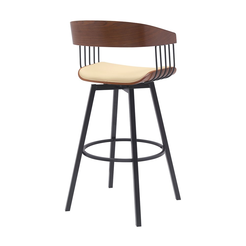 31" Cream And Black Faux Leather And Fabric And Metal Bar Height Swivel Bar Chair HomeRoots