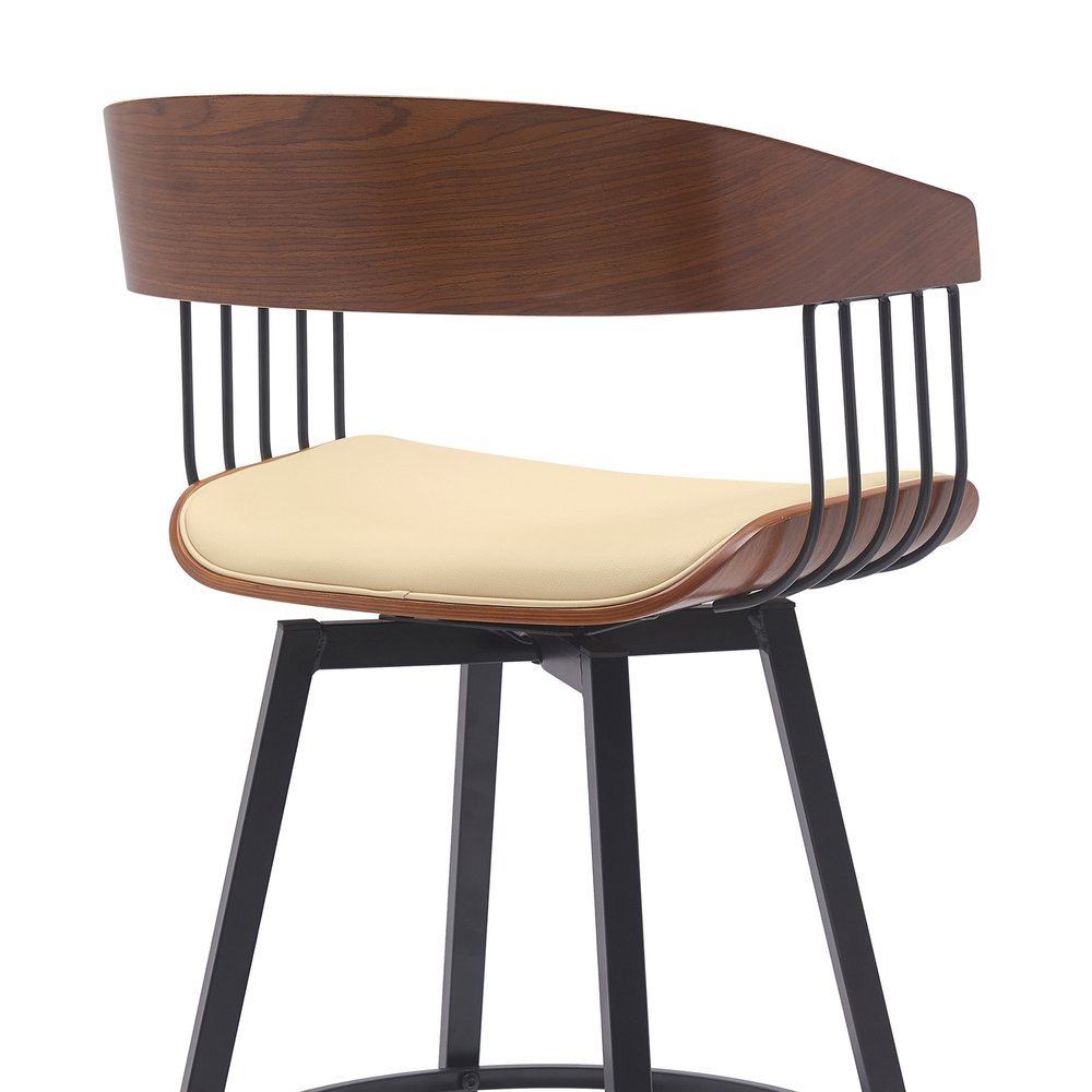 31" Cream And Black Faux Leather And Fabric And Metal Bar Height Swivel Bar Chair HomeRoots