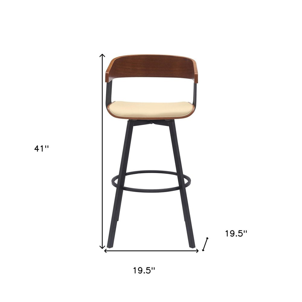 31" Cream And Black Faux Leather And Fabric And Metal Bar Height Swivel Bar Chair HomeRoots