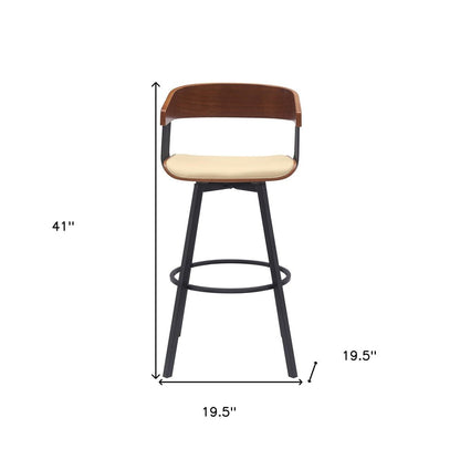 31" Cream And Black Faux Leather And Fabric And Metal Bar Height Swivel Bar Chair HomeRoots