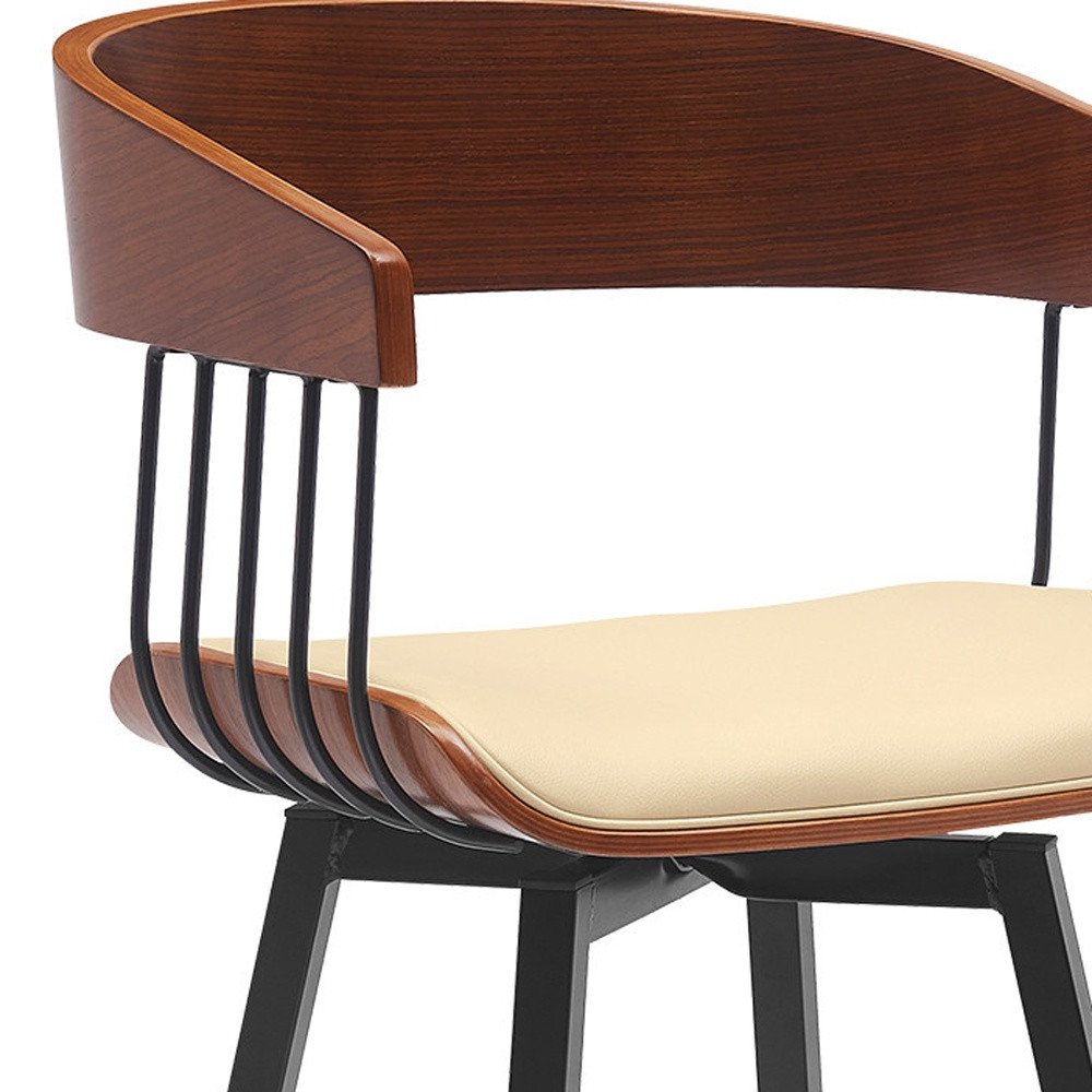 31" Cream And Black Faux Leather And Fabric And Metal Bar Height Swivel Bar Chair HomeRoots