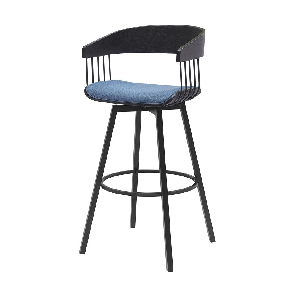 31" Blue And Black Fabric And Metal Bar Height Swivel Bar Chair HomeRoots