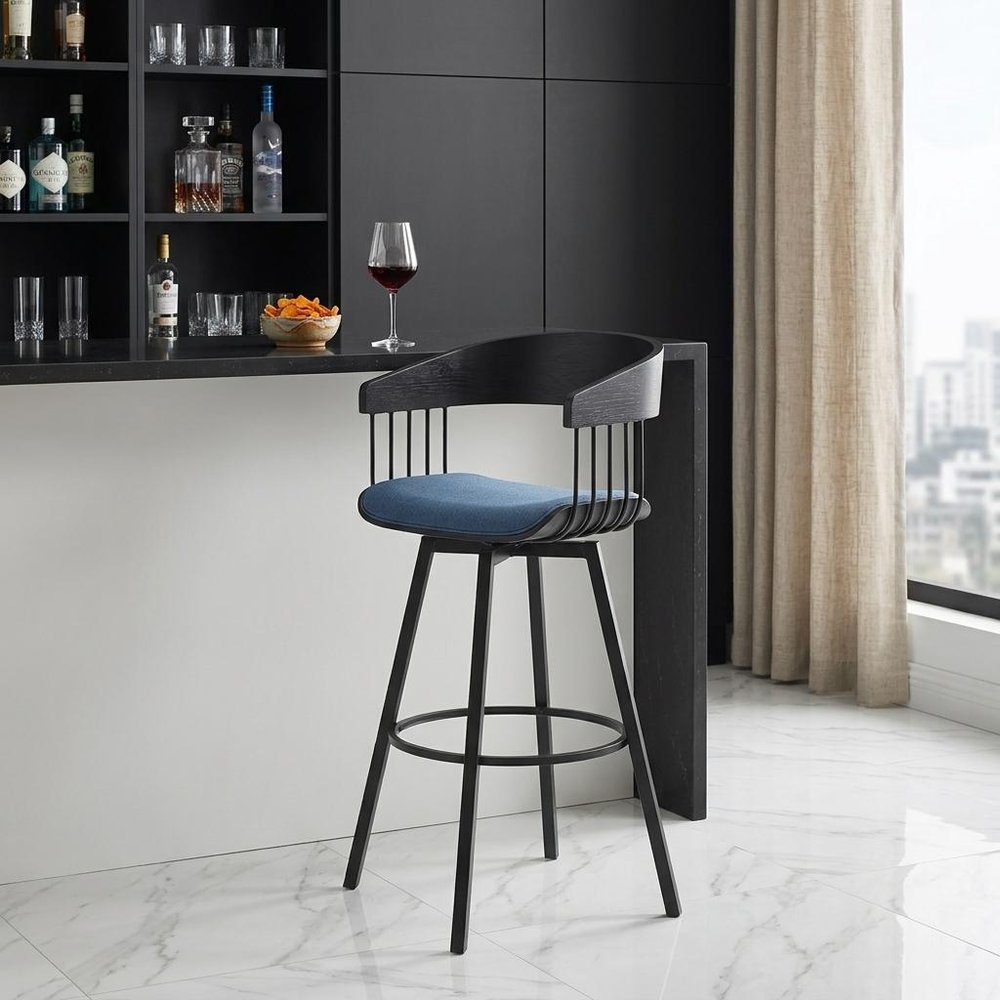 31" Blue And Black Fabric And Metal Bar Height Swivel Bar Chair HomeRoots