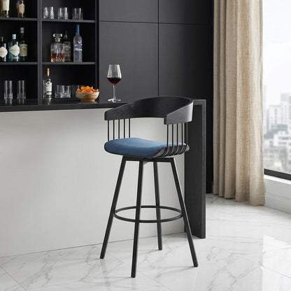 31" Blue And Black Fabric And Metal Bar Height Swivel Bar Chair HomeRoots