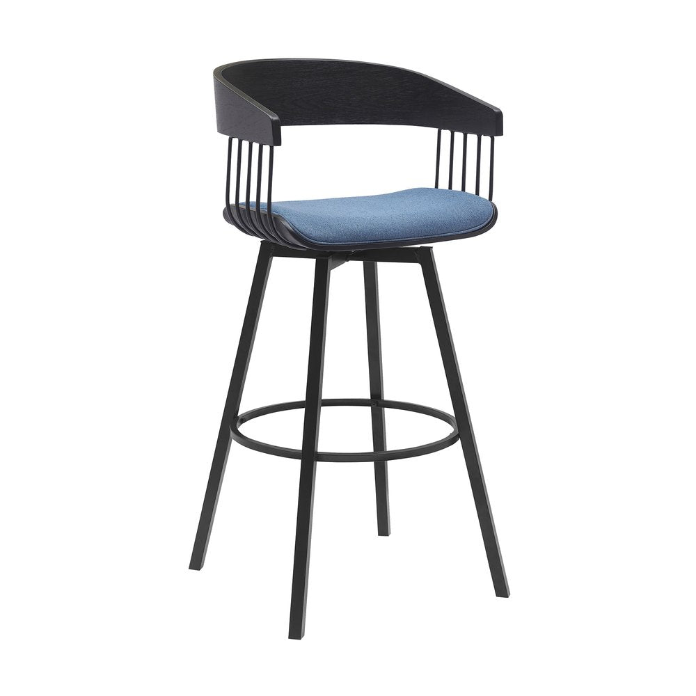 31" Blue And Black Fabric And Metal Bar Height Swivel Bar Chair HomeRoots
