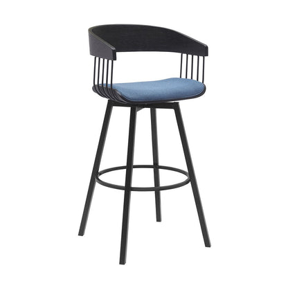 31" Blue And Black Fabric And Metal Bar Height Swivel Bar Chair HomeRoots