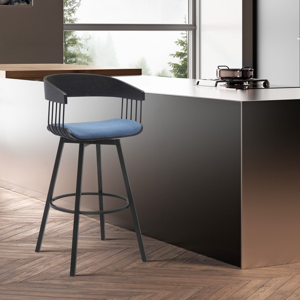 31" Blue And Black Fabric And Metal Bar Height Swivel Bar Chair HomeRoots