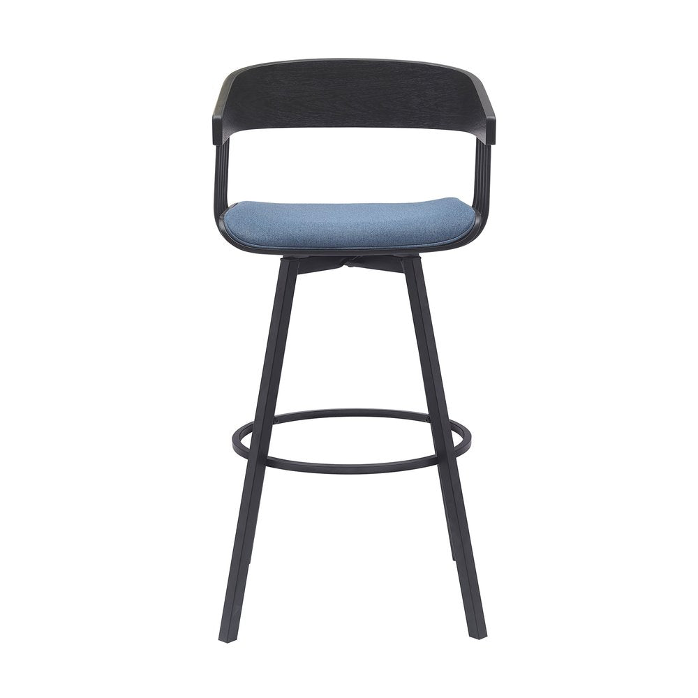 31" Blue And Black Fabric And Metal Bar Height Swivel Bar Chair HomeRoots