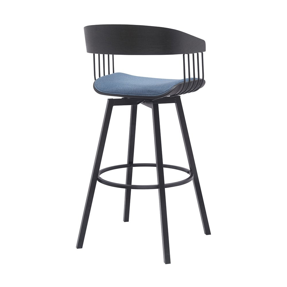 31" Blue And Black Fabric And Metal Bar Height Swivel Bar Chair HomeRoots