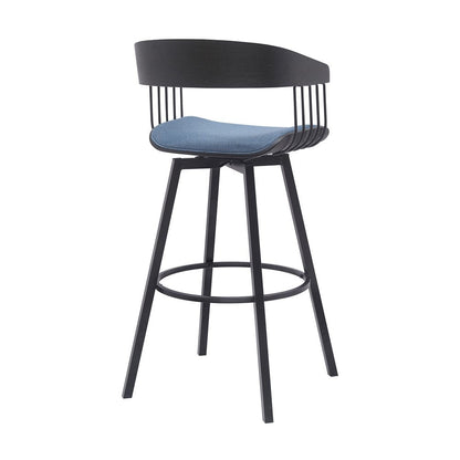 31" Blue And Black Fabric And Metal Bar Height Swivel Bar Chair HomeRoots