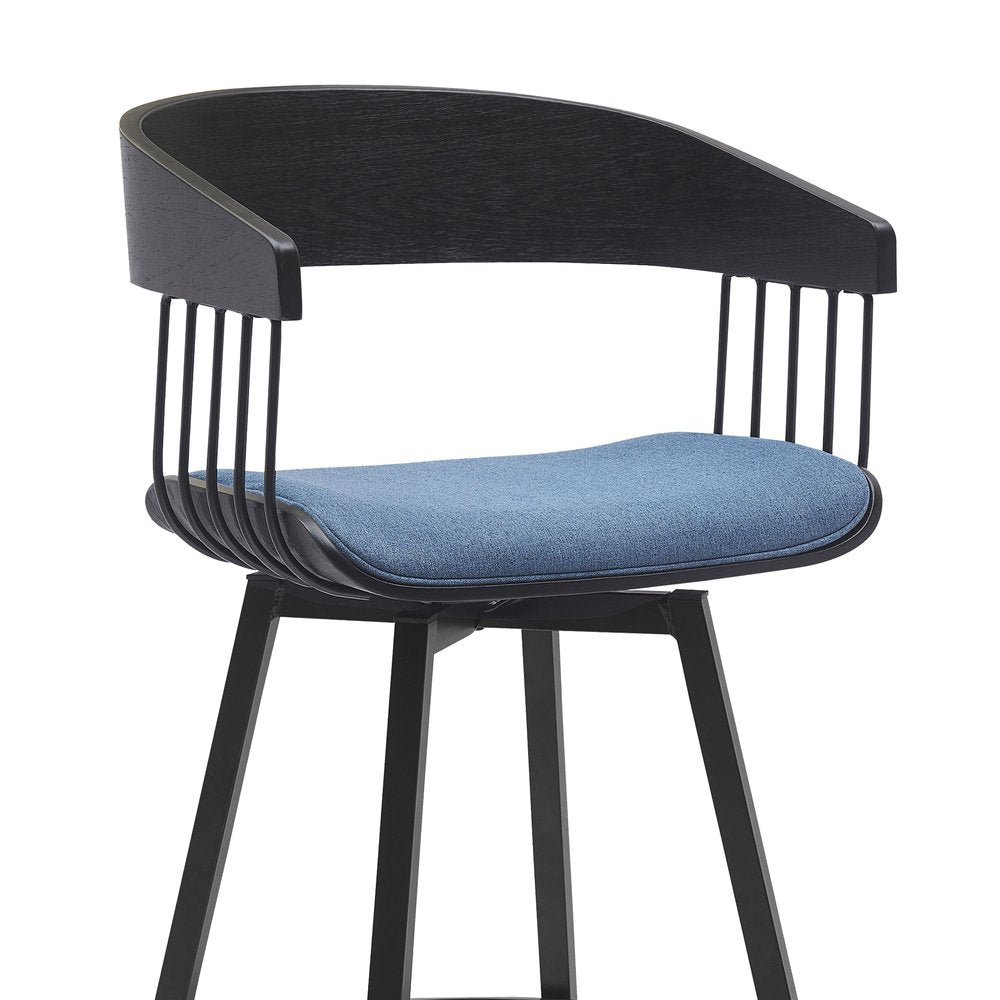 31" Blue And Black Fabric And Metal Bar Height Swivel Bar Chair HomeRoots