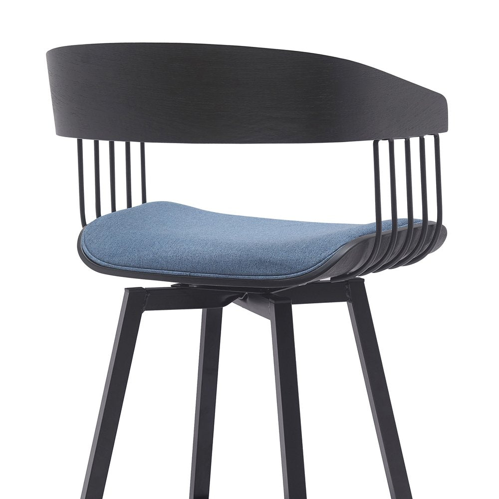 31" Blue And Black Fabric And Metal Bar Height Swivel Bar Chair HomeRoots