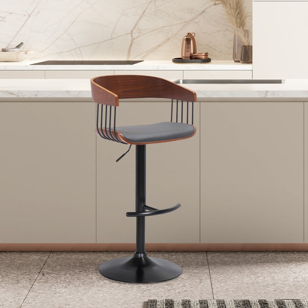 Gray And Black Faux Leather And Fabric And Metal Adjustable Height Swivel Bar Chair HomeRoots
